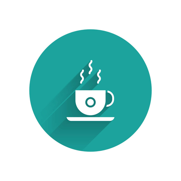 White Coffee cup icon isolated with long shadow. Tea cup. Hot drink coffee. Green circle button. Vector Illustration - Vector, imagen