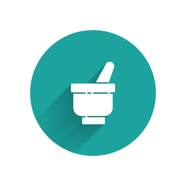 White Magic mortar and pestle icon isolated with long shadow. Green circle button. Vector Illustration - Vector, Image