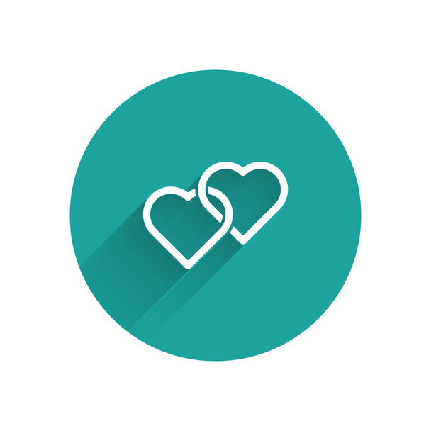 White Two Linked Hearts icoon geïsoleerd met lange schaduw. Romantisch symbool gekoppeld, meedoen, passie en bruiloft. Gelukkige Vrouwendag. Groene cirkel knop. Vector Illustratie - Vector, afbeelding