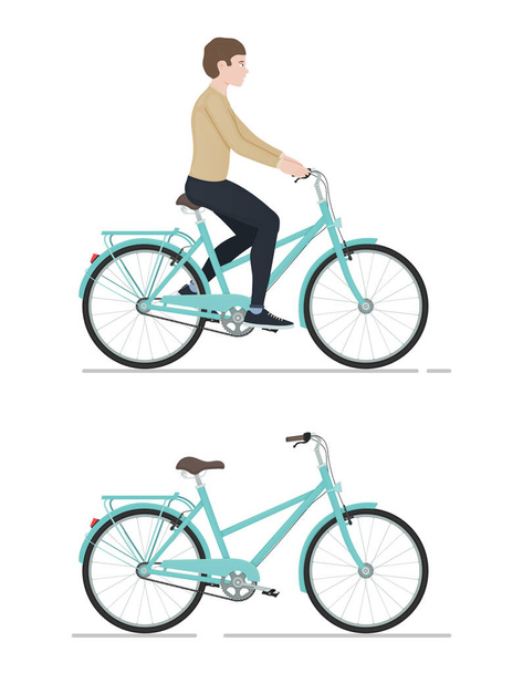 Guy fährt Fahrrad, Charakter und Fahrrad im Cartoon-Stil, Seitenansicht, aktiver Lebensstil, sportlicher Mann, Fahrradvektor Illustration auf weißem Hintergrund - Vektor, Bild