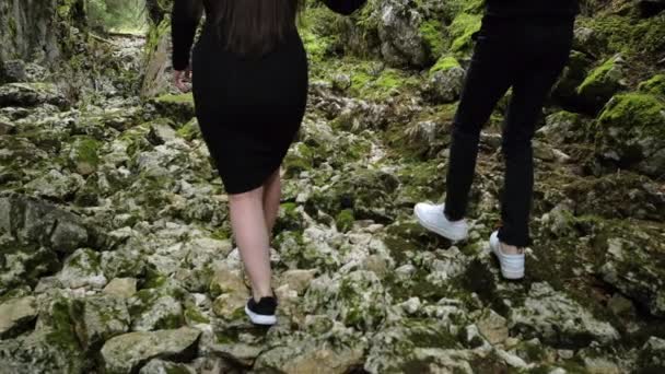 Slow motion vrouw en man in zwarte kleren lopen samen door het bos. Mannelijke en vrouwelijke benen gaan naar het park. - Video