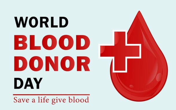 Affiche vectorielle de la Journée mondiale du don de sang avec une goutte de sang volumétrique et une croix médicale. Tous les éléments sont isolés
. - Vecteur, image