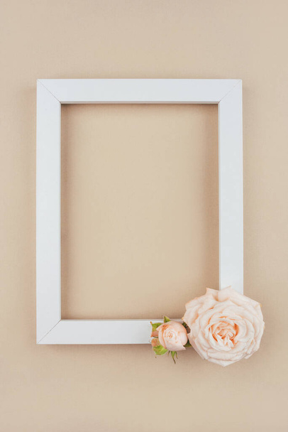 Spring background. Rose flowers and white frame on a beige background. - Photo, Image