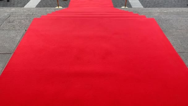 Elegáns hosszú vörös szőnyeg a történelmi épület széles lépcsőin - Felvétel, videó