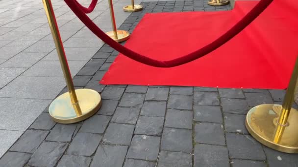 Elegancki długi czerwony dywan na szerokich schodach zabytkowego budynku - Materiał filmowy, wideo