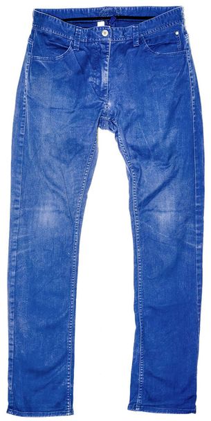 big man blue jeans lay on white back - Photo, Image