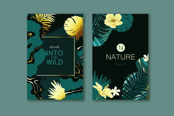 Set of elegant brochure, card, background, cover. Turquoise and golden marble texture. Geometric frame. Palm, exotic leaves. - Vektor, kép