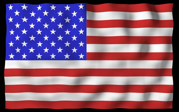 Flagge der Vereinigten Staaten von Amerika auf dunklem Hintergrund schwenkend. Stars and Stripes. Staatssymbol der USA. 3D-Illustration - Foto, Bild