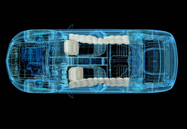 Illustration technique en 3D de la voiture SUV avec effet rayons X. Vue de dessus. Moteur, roues et intérieurs. Sur fond noir
. - Photo, image