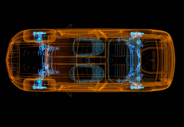 Ilustración técnica 3d de SUV coche con efecto de rayos X. Vista superior. Motor, ruedas e interiores. Sobre fondo negro
. - Foto, Imagen