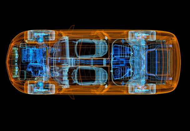 Technical 3d illustration of SUV car with x-ray effect. Top view. Engine, wheels and interiors. On black background. - Photo, Image
