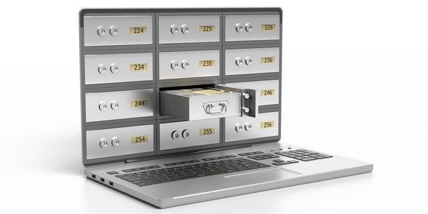 Bezpečnostní schránky a otevřená zásuvka na obrazovce notebooku počítače izolované na bílém pozadí. Online bankovnictví, koncepce internetové bezpečnosti. 3D ilustrace - Fotografie, Obrázek