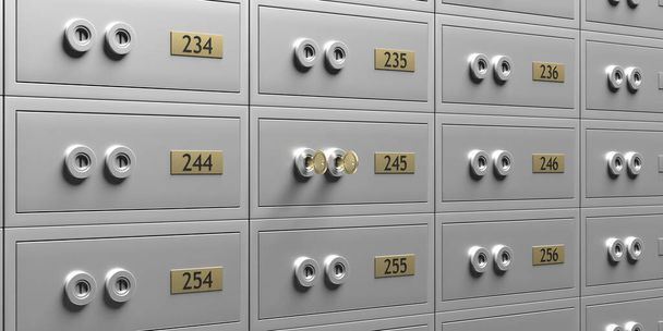 Фон банковских сейфов. Закрытые металлические шкафчики в хранилище, два золотых ключа, ценные вещи на хранение. 3d illustratio
 - Фото, изображение