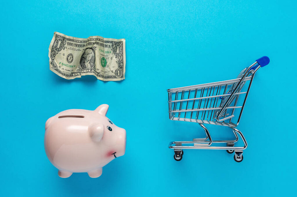 Piggy bank with a crumpled dollar bancnote and shopping cart on blue background. Minimal Coronavirus outbreak. Saving money concept. - Photo, image