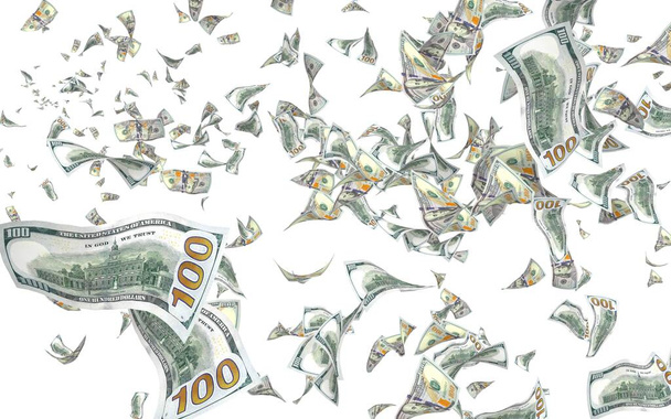 Létající dolarové bankovky izolované na bílém pozadí. Peníze se vznášejí ve vzduchu. 100 amerických bankovek nový vzorek. 3D ilustrace - Fotografie, Obrázek