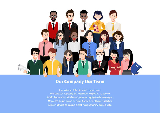 Personaje de dibujos animados con concepto de trabajo en equipo o conjunto de personas de negocios de grupo y miembros de la empresa, de pie detrás del lugar para su vector de texto
 - Vector, imagen