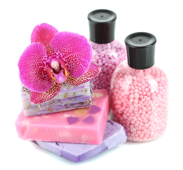 Sea salt, soap and orchid isolated on white - Fotografie, Obrázek