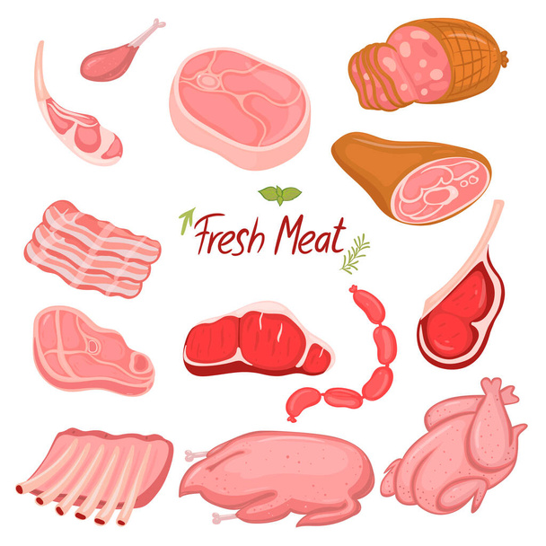 Conjunto de carne fresca cruda Aislada sobre un fondo blanco. Imagen vectorial
 - Vector, imagen
