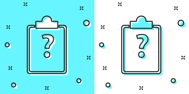 Black line Clipboard with question marks icon isolated on green and white background. Survey, quiz, investigation, customer support questions concepts. Random dynamic shapes. Vector Illustration - Vector, Image