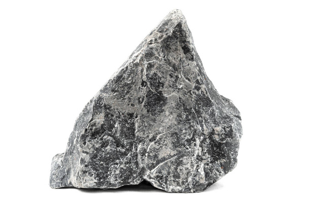 Dark grey single nature stone of a different form isolated on a white background. Big granite raised rock. Front view. With soft shadow. Uneven shape. Building resource. Raw. - Fotó, kép
