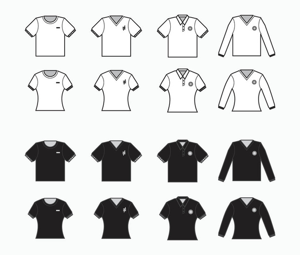 musta ja valkoinen t-paita, kaulusvaatteet taskussa, lyhyt ja pitkä hihat paita tuotantovaatteita, mainos, vaatteet tekstiilien käyttö - Vektori, kuva