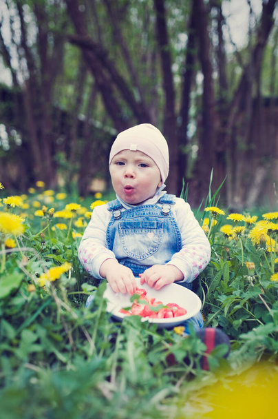 Niña sentada en la hierba con un plato y come fresas. Boca llena
 - Foto, Imagen
