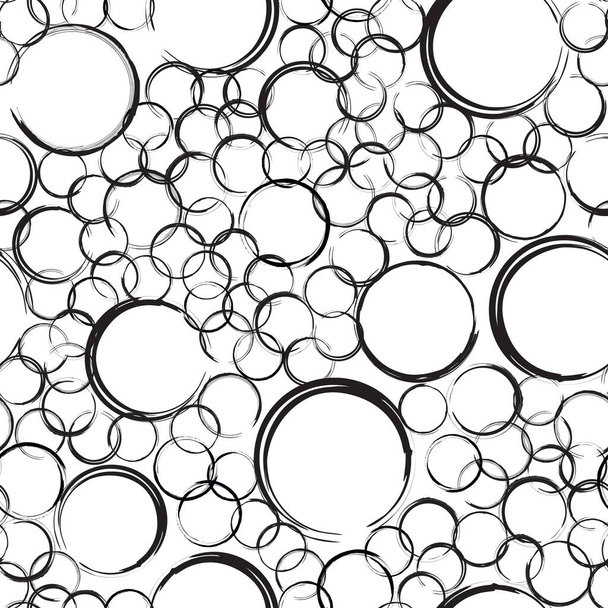 Abstraktní kruh grunge skvrny bezešvé vzor. Černé kruhy různých velikostí na bílém pozadí. Balící textura s náhodně umístěnými kulatými písmeny. Vektorové eps8 ilustrace. - Vektor, obrázek