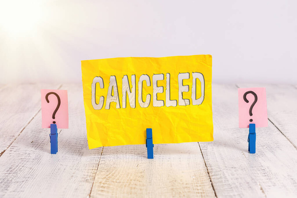 Writing note showing Canceled. Business photo showcasing to decide not to conduct or perform something planned or expected Crumbling sheet with paper clips placed on the wooden table. - Photo, Image