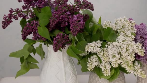 Maljakoita kukkakimppuja kaunis lila pöydällä
 - Materiaali, video