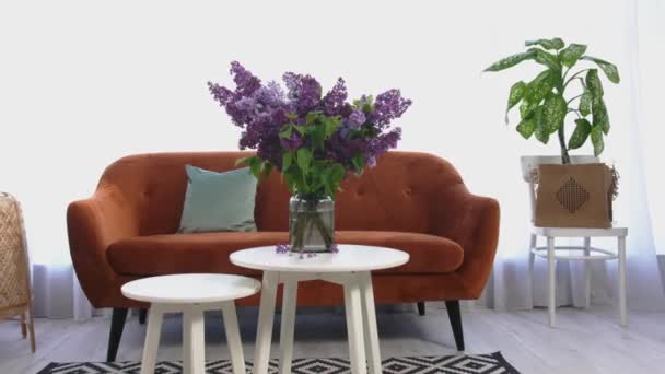 Vaso com belas flores lilás na mesa no quarto
 - Filmagem, Vídeo