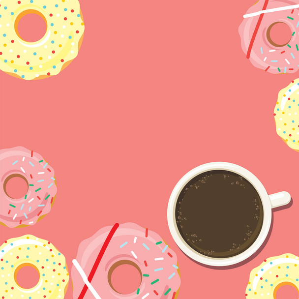 Donuts en een kop koffie of warme chocolademelk. Achtergrond voor poster of menu ontwerp. Zoete suiker glazuur donuts in het glazuur met kleurrijke sprinkle topping. Platte stijl graphics. Vector eps10 illustratie - Vector, afbeelding