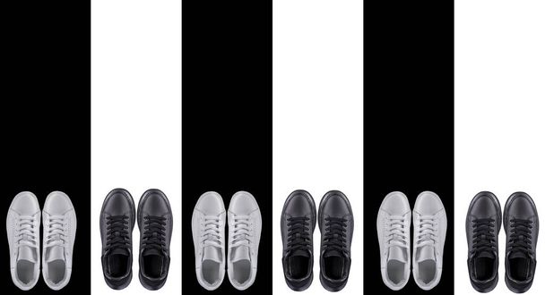 Arka plan spor ayakkabıları. Çizgili arka planda siyah beyaz spor ayakkabılar.. - Fotoğraf, Görsel