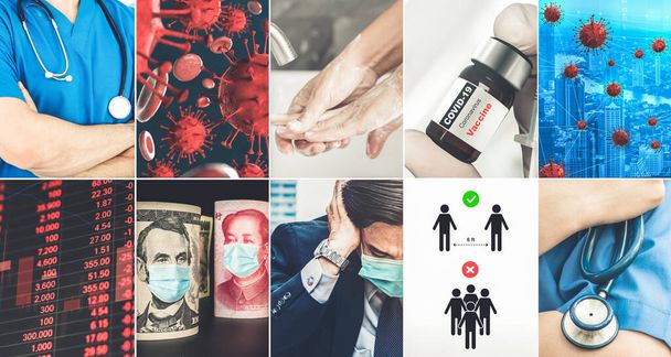 Coronavirus COVID-19 news story summary photo set in concept of covid-19 effects to people life behavior, economy, social and medical service cause by a outbreak of 2019 coronavirus disease. - Фото, зображення