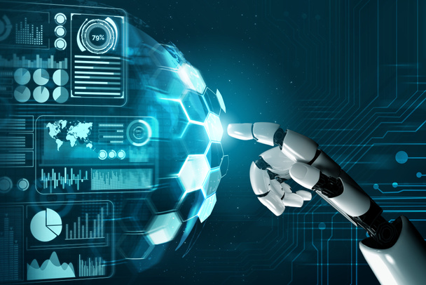 3D Renderelés futurisztikus robot technológia fejlesztés, mesterséges intelligencia AI, és gépi tanulás koncepció. Globális robotikai bionikai tudományos kutatás az emberi élet jövőjéért. - Fotó, kép