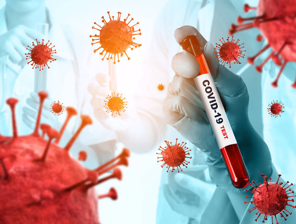 Coronavirus COVID-19 ιατρική δοκιμή εμβόλιο έρευνας και ανάπτυξης έννοια. Επιστήμονας σε εργαστηριακή μελέτη και ανάλυση επιστημονικού δείγματος αντισωμάτων του Coronavirus για την παραγωγή φαρμακευτικής αγωγής για COVID-19. - Φωτογραφία, εικόνα