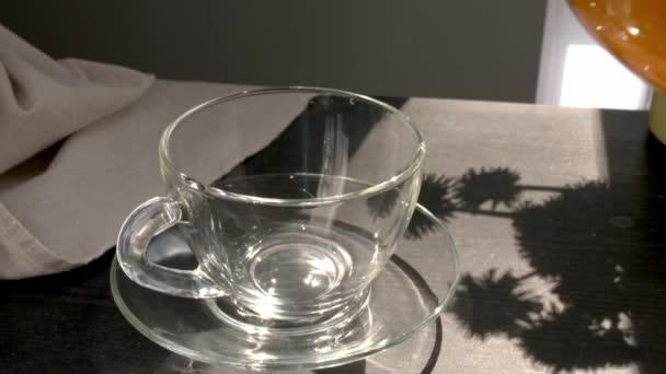 Pouring of healthy dandelion tea into cup on table - Felvétel, videó