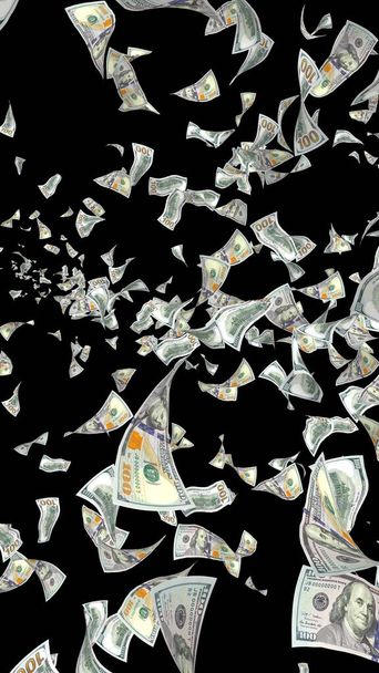 Банкноты с летающими долларами изолированы на тёмном фоне. Деньги летят в воздухе. 100 банкнот США новый образец. 3D иллюстрация
 - Фото, изображение