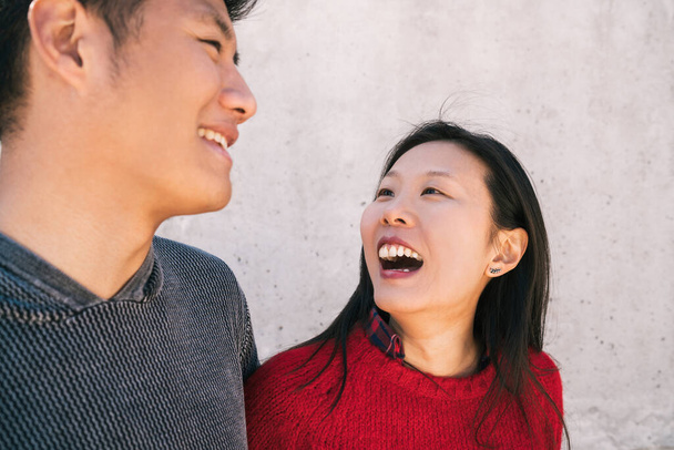 Portrait of young Asian couple enjoying a date and spending good time together Love concept. - 写真・画像