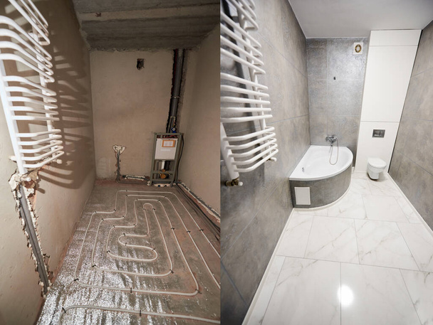 Comparison of bathroom in apartment before and after renovation. Interior of a modern bathroom in grey tones, white tiles on warm floor and ladder radiator on wall vs empty unfinished walls - Fotografie, Obrázek