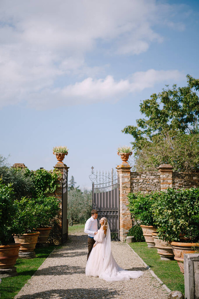 Svatba ve Florencii, Itálie, ve staré vinařské vile. Svatební pár se prochází po zahradě. Milující nevěsta a ženich. - Fotografie, Obrázek