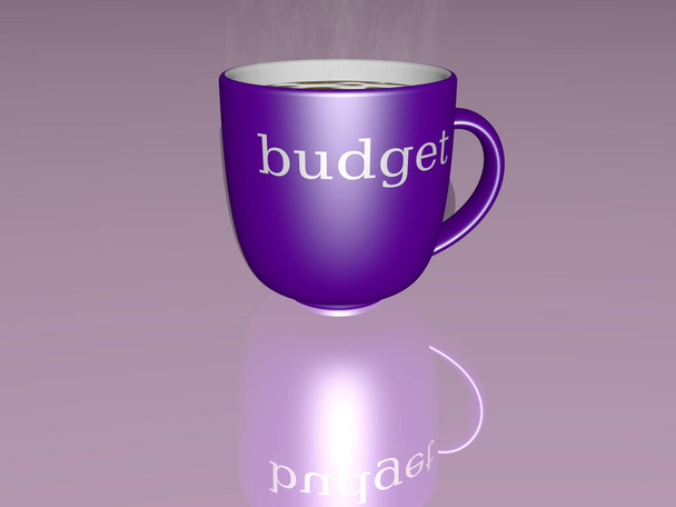 rozpočet napsaný na kouřící horký hrnek kávy na zrcadlové podlaze ve 3D ilustraci - Fotografie, Obrázek