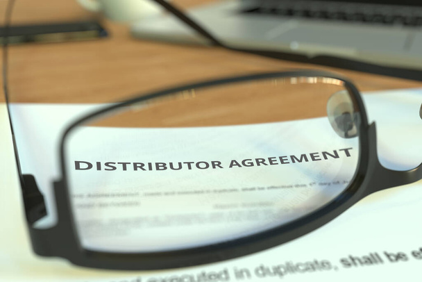 Distributor agreement behind glasses on a desk, 3D rendering - Foto, afbeelding