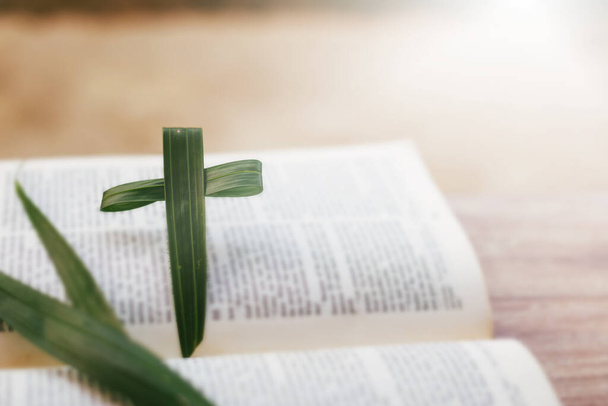 Kereszt zöld pálma levelek, mint a háttérben a szent Biblia.Palm Sunday koncepció. - Fotó, kép