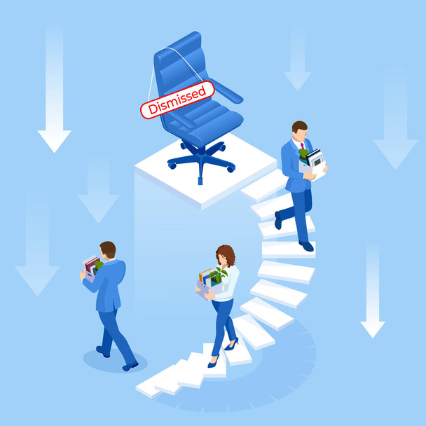 Unemployment, loss job, crisis, jobless and employee job reduction. Dismissed sad man carrying box with her things. Isometric vector illustration - Vetor, Imagem