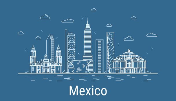 Mexico City, Tüm ünlü kuleleri olan Line Art Vector illüstrasyonu. Showplace, gökdelenler ve otelleri olan doğrusal bayrak. Modern binaların kompozisyonu, şehir manzarası. Meksika binaları kuruldu. - Vektör, Görsel