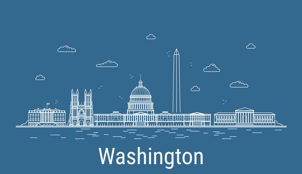 Washington City, Line Art Ilustración vectorial con todos los edificios famosos. Banner lineal con Showplace. Composición del paisaje urbano moderno. Edificios de Washington
. - Vector, Imagen