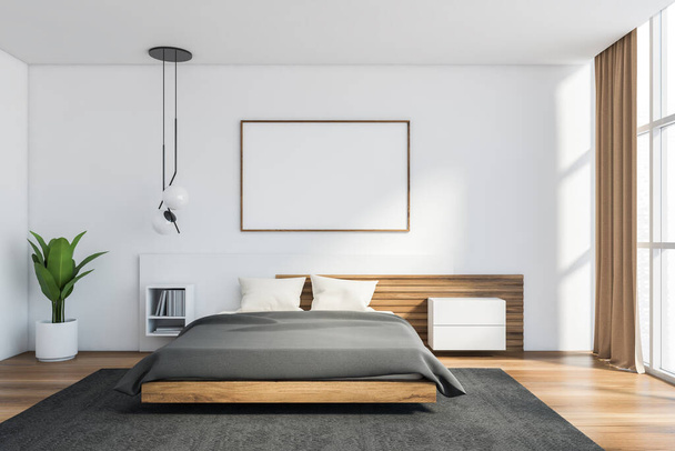 Interior of modern Scandinavian style bedroom with white and wooden walls, comfortable king size bed, panoramic window and bookshelf. Horizontal mock up poster. 3d rendering - Fotografie, Obrázek