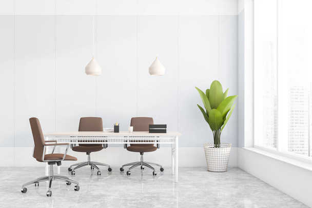 Interior of minimalistic CEO office with white panel walls, concrete floor, stylish table with brown chairs and window with blurry cityscape. Concept of leadership. 3d rendering - Photo, image