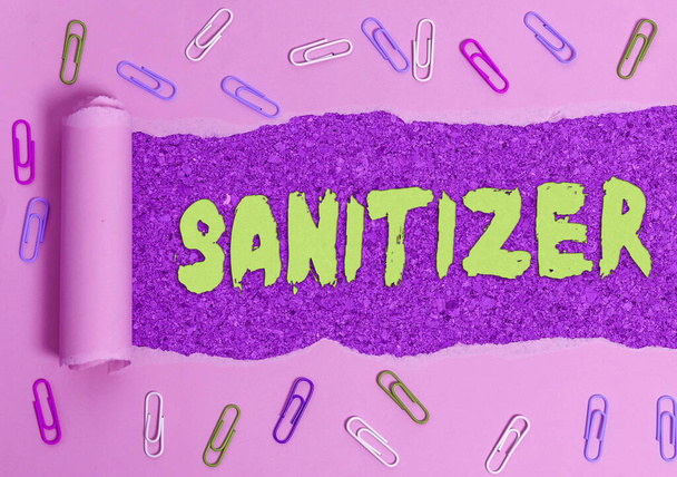 手書きのテキスト書き込みSanitizer 。感染剤を減少させるために一般的に使用される液体またはゲルの概念. - 写真・画像