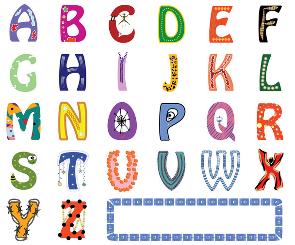 Αστεία και πολύχρωμα γράμματα σύνολο της αγγλικής αλφαβήτου με διαφορετικά κινούμενα σχέδια, σχήματα, στολίδια, στυλ γραμματοσειράς για τα παιδιά προσχολικής ηλικίας - Διάνυσμα και εικονογράφηση - Διάνυσμα, εικόνα